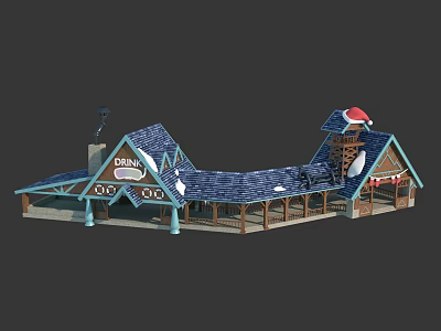 Snowy Wooden Cabin With Santa Hat Decor Donut Sign And Blue Gabled Roofs 3d model