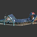 Snowy Wooden Cabin With Santa Hat Decor Donut Sign And Blue Gabled Roofs