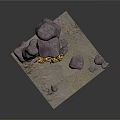 Five Yellow And Black Armored Characters Holding Weapons In Rocky Sandy Terrain With Large Rocks