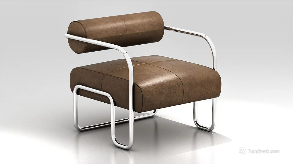 Brown Leather Single Seater Sofa with Modern Metal Frame and Sleek Armrest Design 3d model 