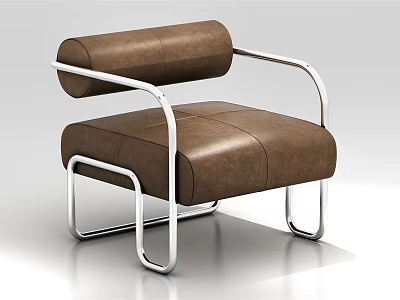 Brown Leather Single Seater Sofa with Modern Metal Frame and Sleek Armrest Design 3d model