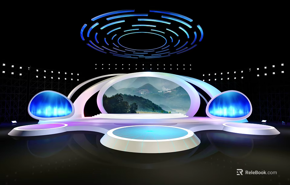 Illuminated Stage Design With Blue Glowing Elements Curved Structure Mountain Landscape And Circular Platform 3d model