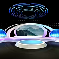 Illuminated Stage Design With Blue Glowing Elements Curved Structure Mountain Landscape And Circular Platform 3d model