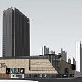 Modern Commercial Complex With Glass Facade Large Digital Billboards And Pedestrians In Evening