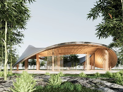 Garden Landscape with Curved Wooden Pavilion Surrounded by Bamboo and Lush Greenery 3d model