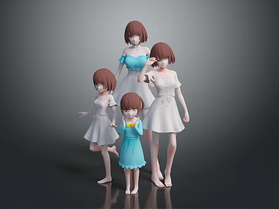 Four Anime Female Game Movie Characters In Various White And Blue Dresses With Different Poses 3d model