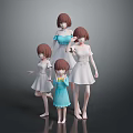 Four Anime Female Game Movie Characters In Various White And Blue Dresses With Different Poses
