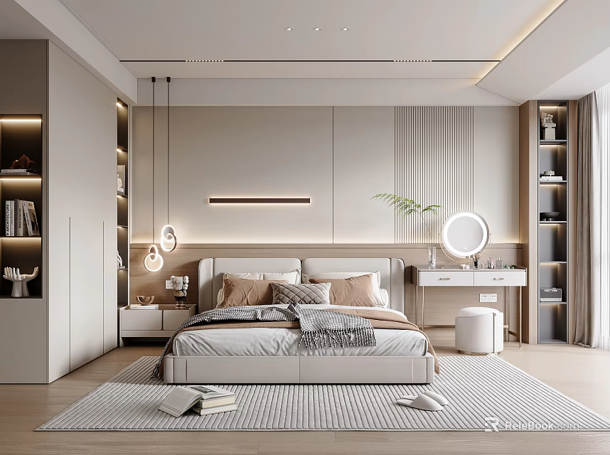 Modern Bedroom Interior Design With Bedside Tables Pendant Lights Rug And Dressing Table 3d model 