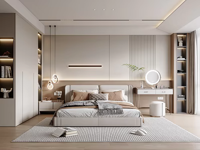 Modern Bedroom Interior Design With Bedside Tables Pendant Lights Rug And Dressing Table 3d model