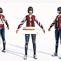 Game and Movie Character in Red White Jacket Blue Ripped Jeans Short Hair Three Angles