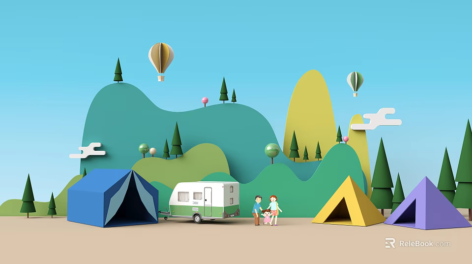 Cartoon Scenic Camping Scene With Hot Air Balloons Hills Tents RV And People 3d model 