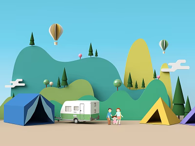 Cartoon Scenic Camping Scene With Hot Air Balloons Hills Tents RV And People 3d model