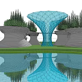 Modern Waterfront Landscape Design With Unique Architectural Structures Trees And Water Reflections