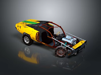Yellow Custom Car with Red Frame Exposed Engine Open Top and Rusty Large Wheels 3d model