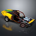 Yellow Custom Car with Red Frame Exposed Engine Open Top and Rusty Large Wheels