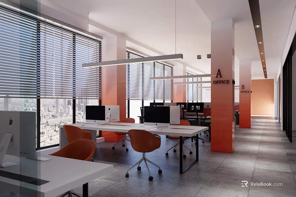 Modern Public Office Space With Large Windows Blinds Orange Chairs White Desks And Black Computers 3d model 