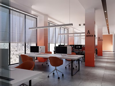 Modern Public Office Space With Large Windows Blinds Orange Chairs White Desks And Black Computers 3d model