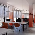Modern Public Office Space With Large Windows Blinds Orange Chairs White Desks And Black Computers