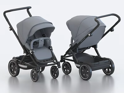Two Modern Gray Baby Strollers With Black Frames And Wheels 3d model