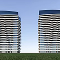 Two Modern High Rise Apartment Buildings With Wave Shaped Facade And Green Grass Field