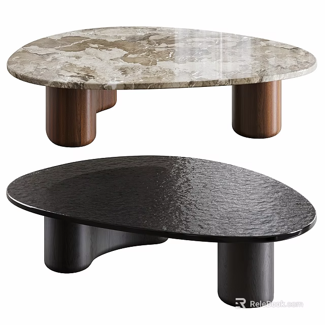 Modern Dining Table With Marble Top Wooden Legs And Black Surface 3d model