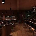 Stylish Bar Interior With Dark Decor Wine Shelves Chandeliers Tables And TV Screen