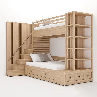 Modern Wooden Bunk Bed Design With Storage Drawers Staircase And Bookshelves 3d model