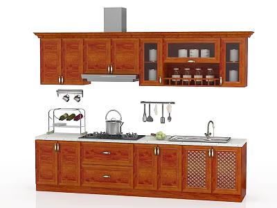 Wooden Kitchen Cabinets Featuring Upper Lower Units Range Hood Sink And Utensils 3d model