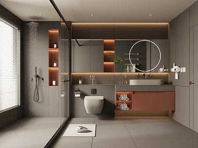 Modern Bathroom Interior Design With Shower Vanity Round Mirror Toilet And Cabinets 3d model