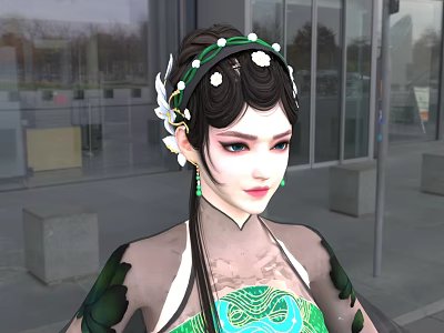 Long Black Haired Woman in Green Traditional Dress with White Flower Headpiece at Modern Building 3d model