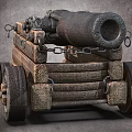 Vintage Metal Cannon With Wooden Carriage Wheels And Cannonballs On Gray Surface