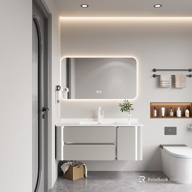 Modern White Bathroom Cabinet with LED Mirror Potted Plant and Towel Rack 3d model 