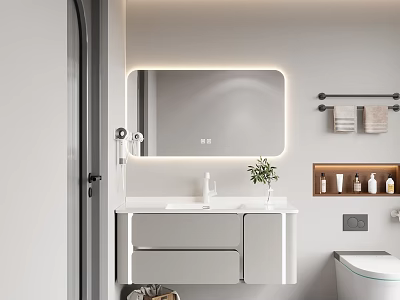 Modern White Bathroom Cabinet with LED Mirror Potted Plant and Towel Rack 3d model