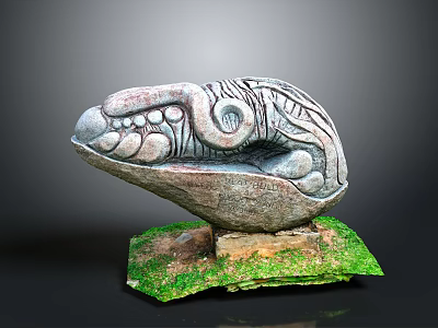 Ancient Mythical Creature Stone Carving With Intricate Patterns On Green Base 3d model