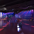Elegant Banquet Hall with Colorful Stage Lighting and Arched Decorative Elements