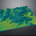Highly Detailed 3D Terrain Model With Blue Yellow Elevation Contour Patterns
