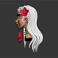 3D Game and Movie Character Portrait With Long White Hair Green Eyes and Pink Flowers