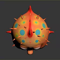 Cartoon Style Orange Puffer Fish with Red Spines Blue Spots and Big Eyes