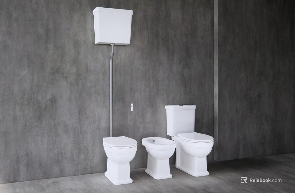 Modern White Toilets In Bathroom With Gray Wall Background And Simple Design 3d model 