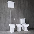 Modern White Toilets In Bathroom With Gray Wall Background And Simple Design
