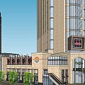 Modern Commercial Street With Pedestrian Area Shops Trees Tall Buildings And Cars