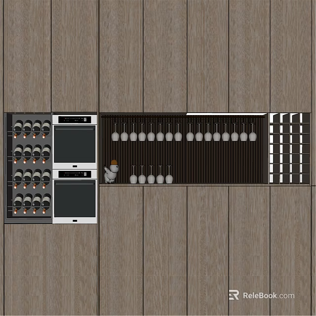 Modern Wine Cabinet Design With Built In Bottle Racks Hanging Glasses And Wooden Background 3d model 