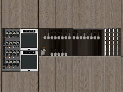 Modern Wine Cabinet Design With Built In Bottle Racks Hanging Glasses And Wooden Background 3d model