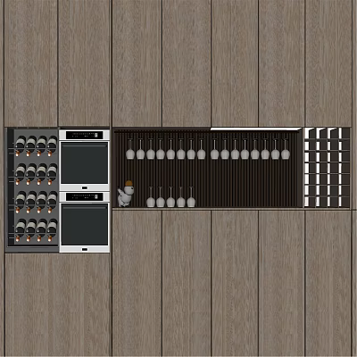 Modern Wine Cabinet Design With Built In Bottle Racks Hanging Glasses And Wooden Background 3d model