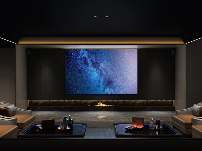 Modern KTV Room With Starry Sky Background Large Screen Sofas Coffee Tables And Drinks 3d model
