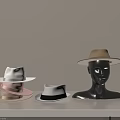 Hats Showcase with Brown Wide Brim Hat on Mannequin and Stacked White Pink Beige Hats
