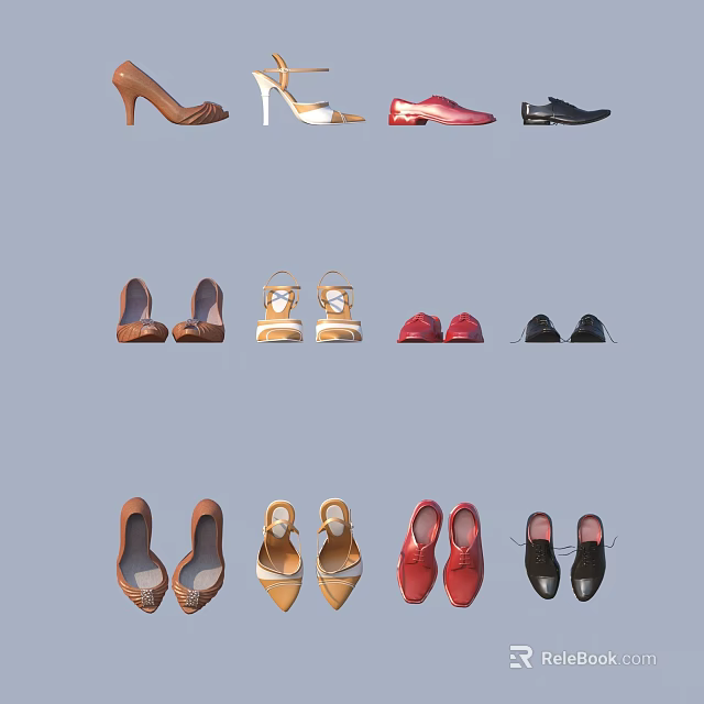 Fashionable Assorted Shoes with High Heels Flats and Various Colorful Styles for Women and Men 3d model 