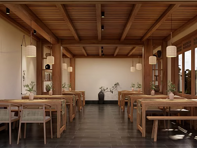 Traditional Chinese Restaurant Interior With Wooden Ceiling Pendant Lights And Dining Tables Benches 3d model