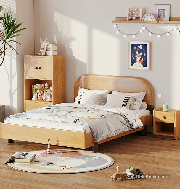 Wooden Kids Bed with Patterned Bedding Pillows Nightstand Lamp Bookshelf Wall Art and String Lights 3d model 