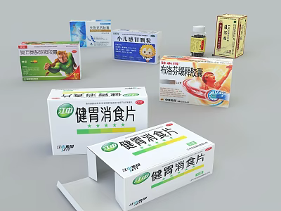 Various Medical Devices Including Digestive Medicine Cough Syrup And Stomach Pills Packages 3d model